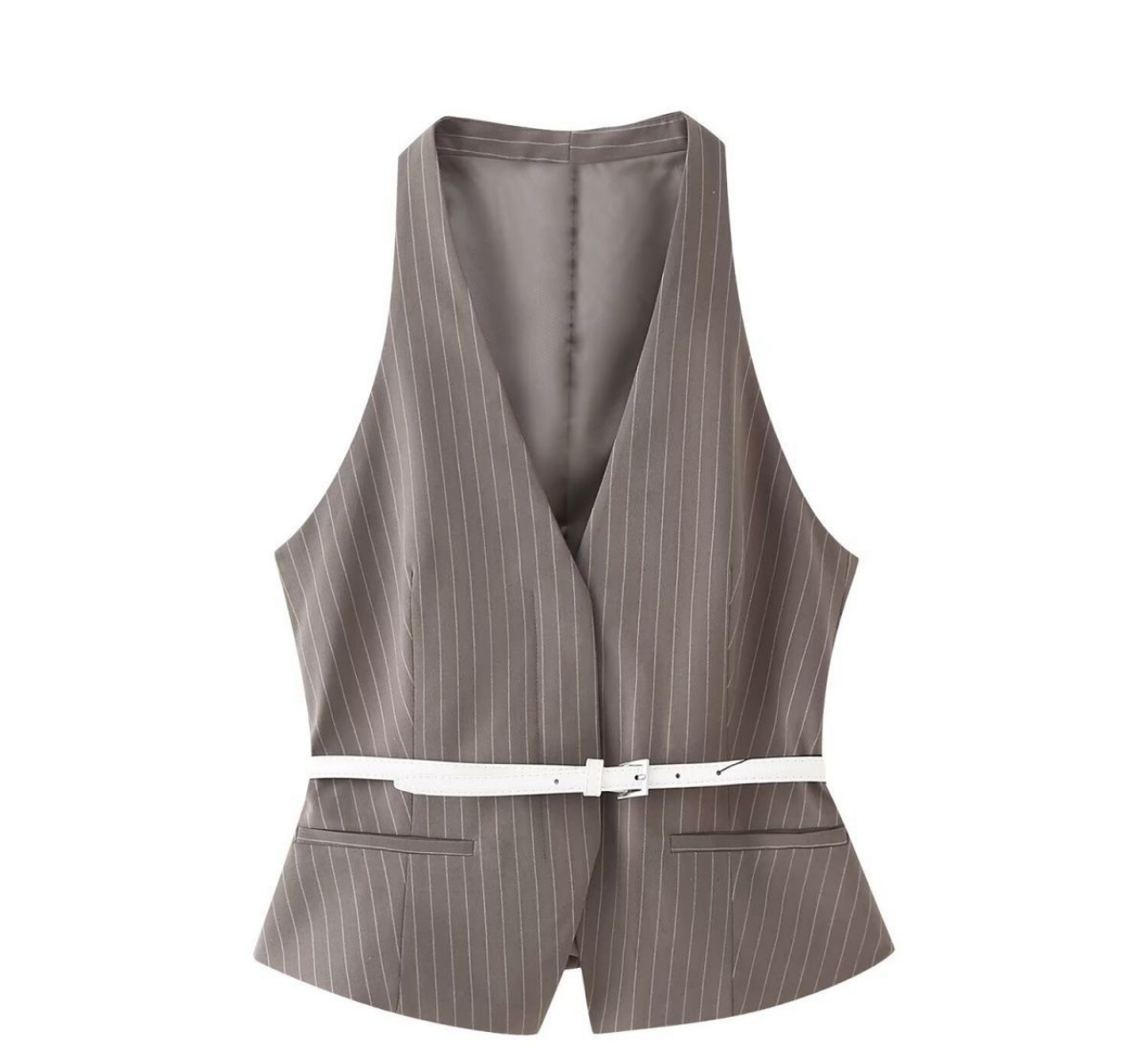 Ensemble Chic Rayé avec Ceinture — Gilet Sans Manches et Pantalon Taille Haute