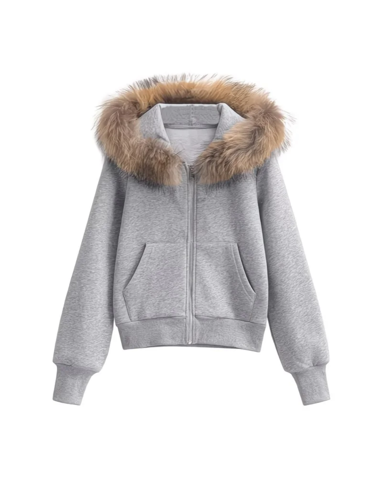 Veste à capuche grise doublée de fausse fourrure – Style cosy et chic