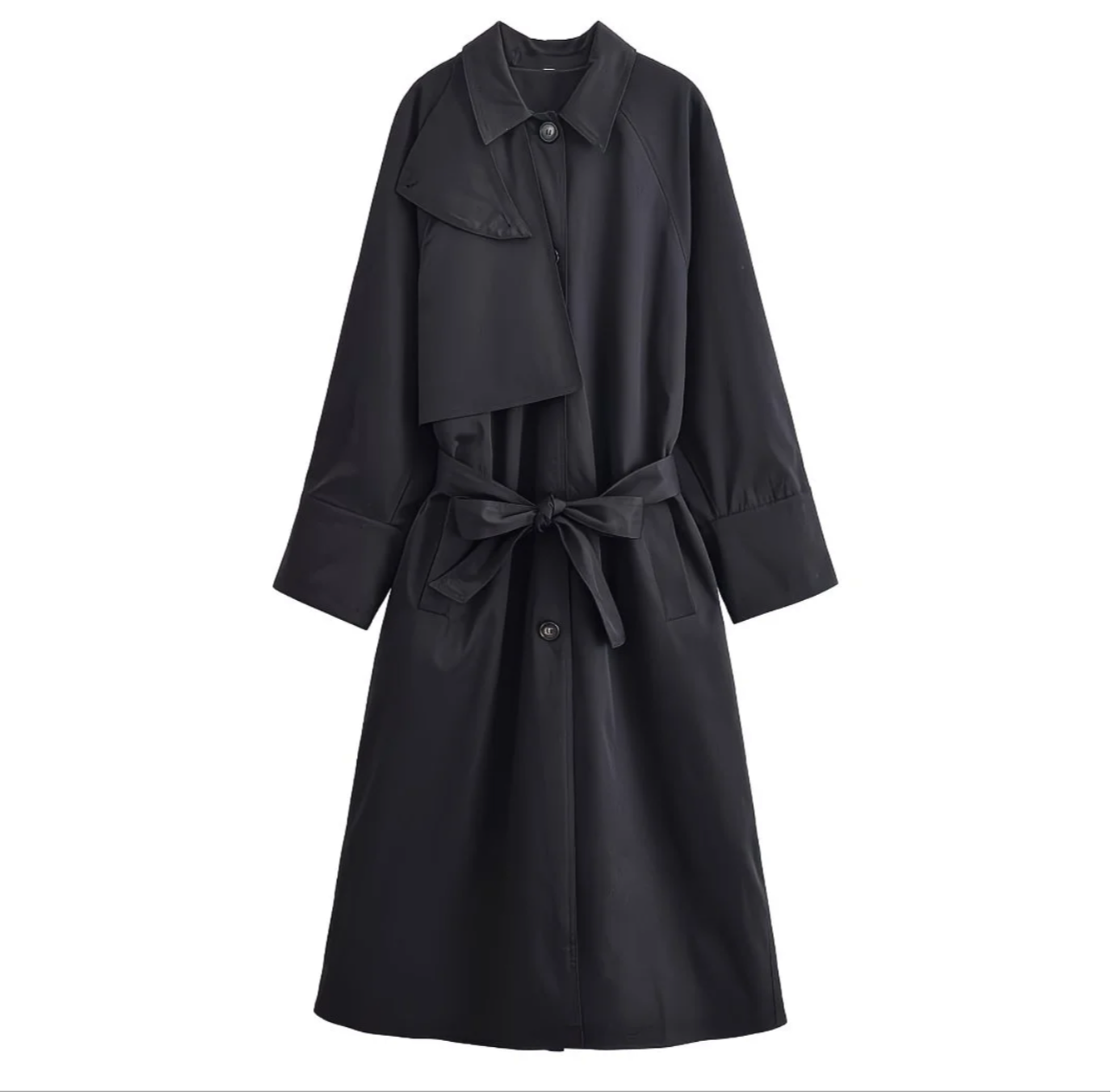 Trench long noir élégant avec ceinture – Style minimaliste et intemporel