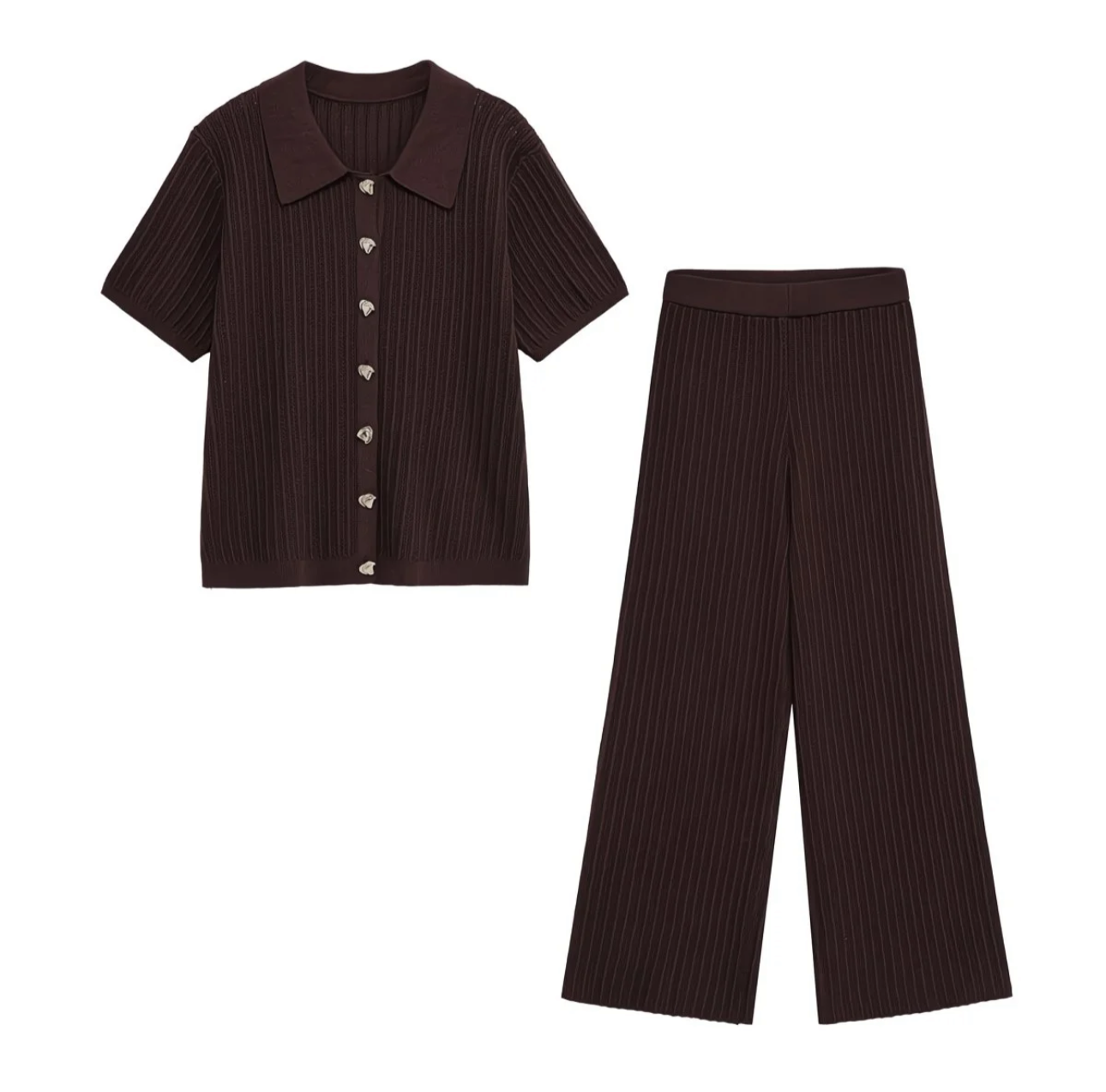 Ensemble Tricoté Élégant – Haut à Manches Courtes & Pantalon Large | Été