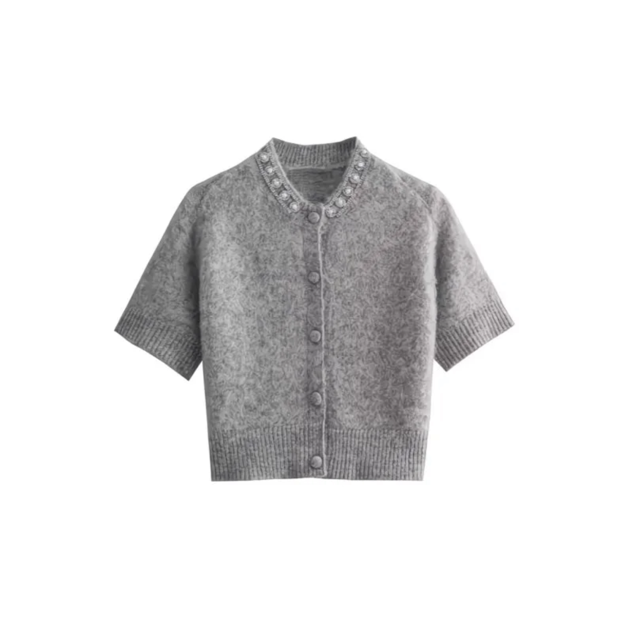 Gilet Court en Maille Douce à Manches Courtes – Détail Perles Élégantes