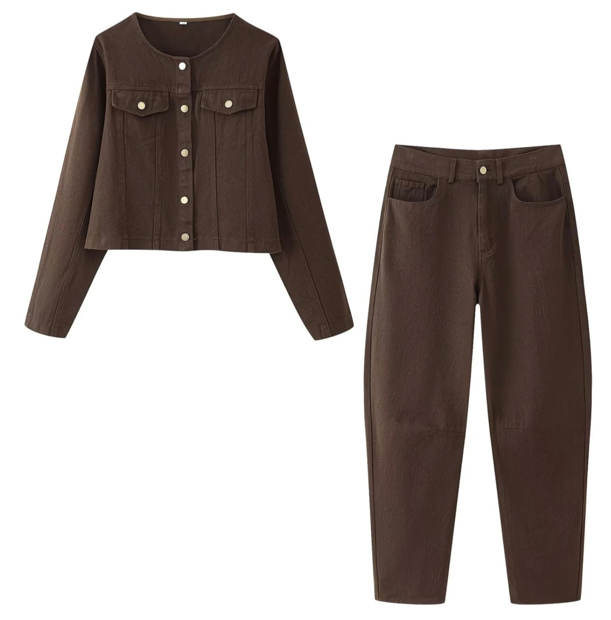 Ensemble Femme en Simili-Jean – Veste Boutonnée & Pantalon Slim