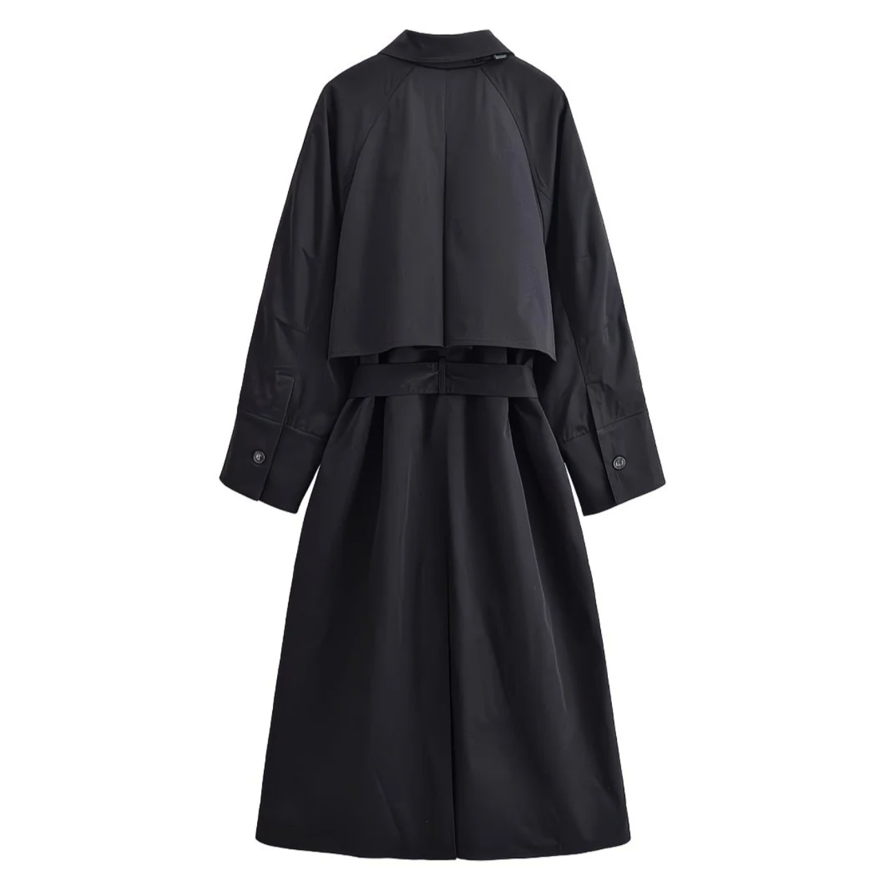 Trench long noir élégant avec ceinture – Style minimaliste et intemporel
