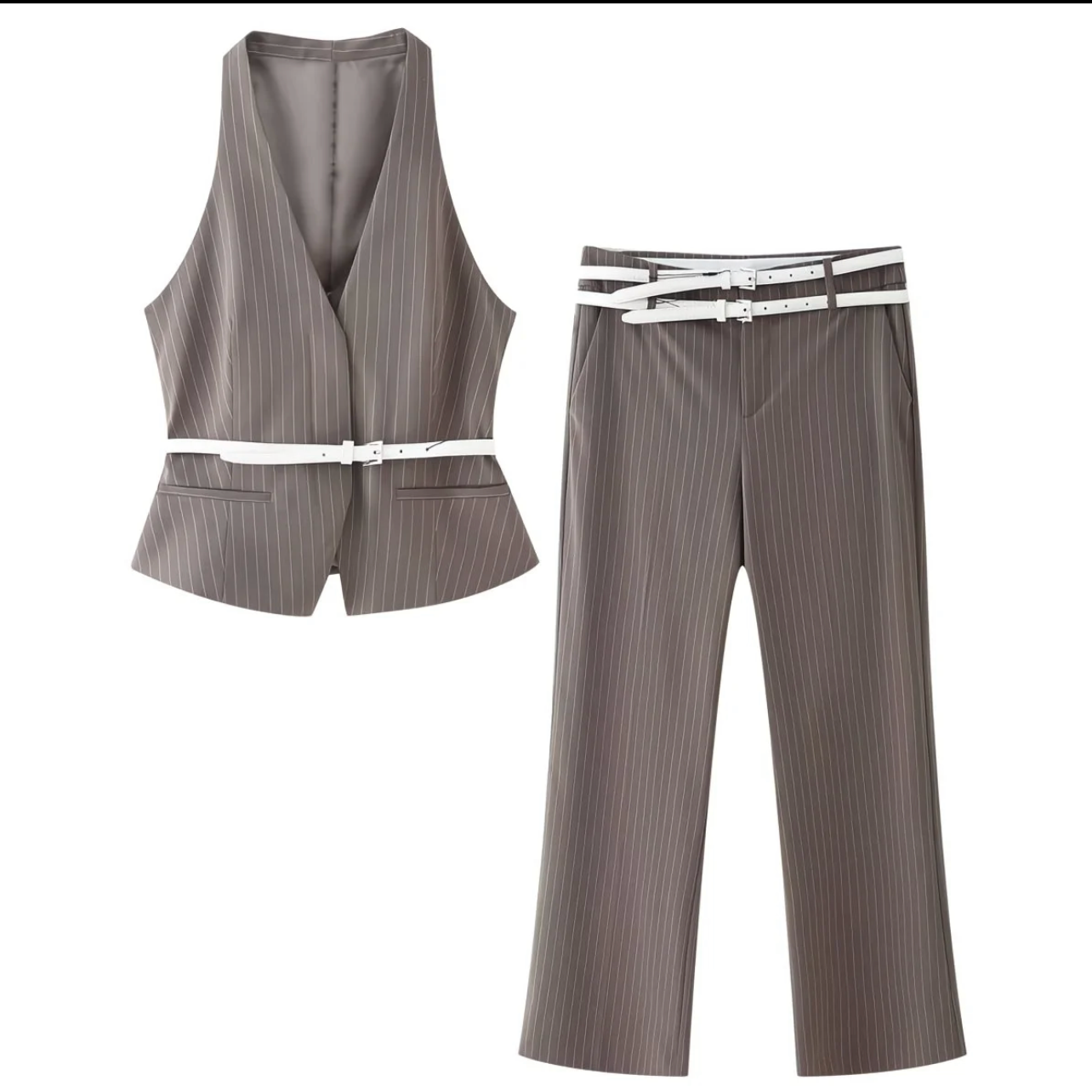 Ensemble Chic Rayé avec Ceinture — Gilet Sans Manches et Pantalon Taille Haute