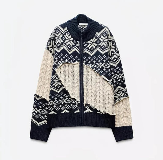 Cardigan Zippé en Maille Jacquard – Noir & Ivoire