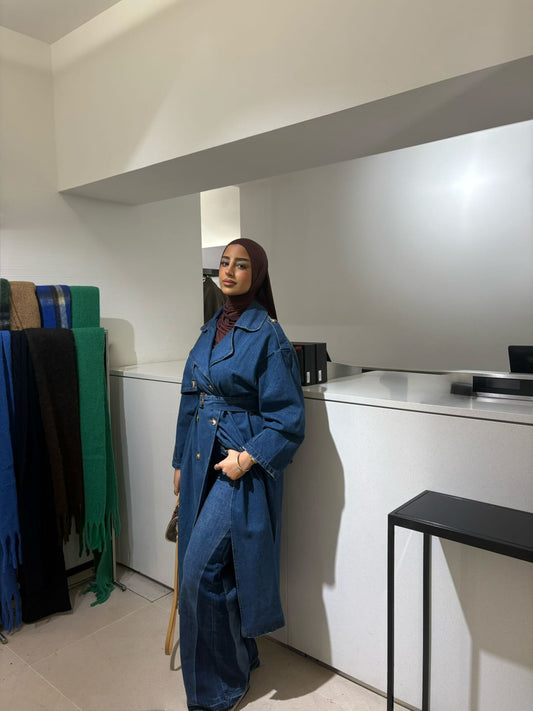 Trench long en denim ceinturé