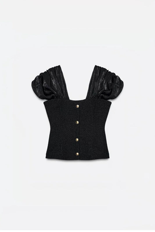 Top bustier noir manches volumineuses