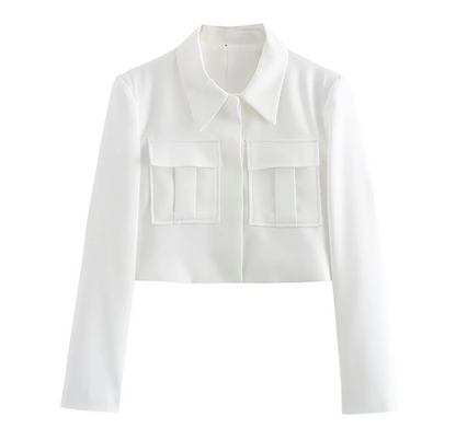 Ensemble Tailleur Femme Chic 2 Pièces – Veste Courte à Poches & Pantalon Large Élegant