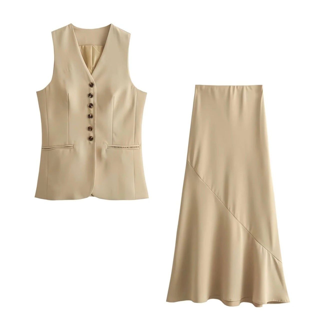 Ensemble Femme Élégant – Gilet Boutonné & Jupe Midi Taille Haute