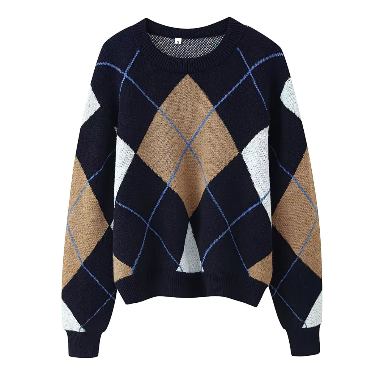 Pull Motif Argyle – Bleu Marine, Camel & Blanc