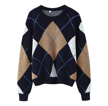 Pull Motif Argyle – Bleu Marine, Camel & Blanc