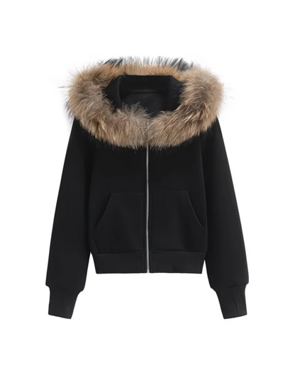 Veste à capuche grise doublée de fausse fourrure – Style cosy et chic