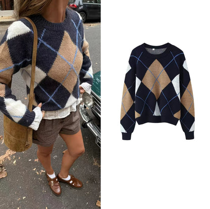 Pull Motif Argyle – Bleu Marine, Camel & Blanc