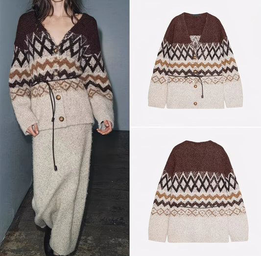 Cardigan Ceinturé en Maille Jacquard – Tons Naturels