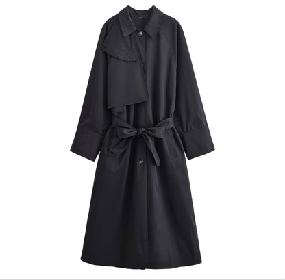 Trench long noir élégant avec ceinture – Style minimaliste et intemporel