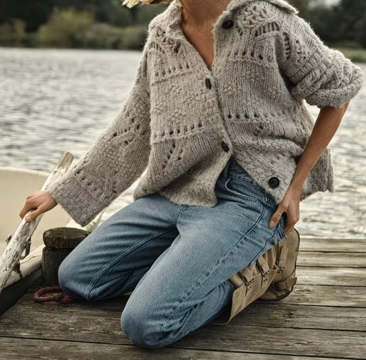 Cardigan en maille ajourée texturée – Beige clair