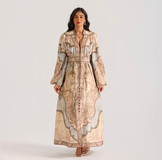 Robe Longue Imprimée Beige – Élégance