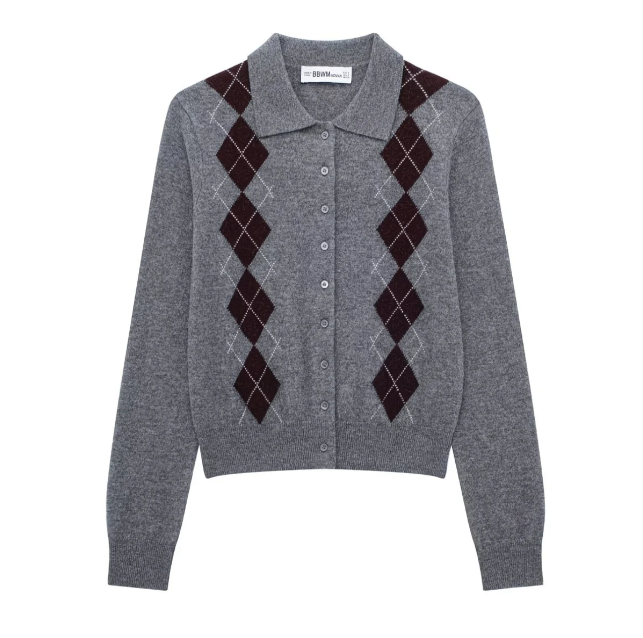 Gilet en maille à motif losanges – Gris & Bordeaux
