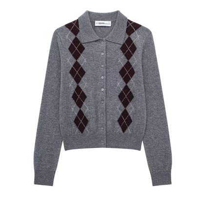 Gilet en maille à motif losanges – Gris & Bordeaux