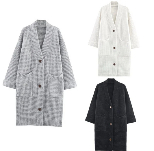 Cardigan long en maille gris – Style cocooning et minimaliste