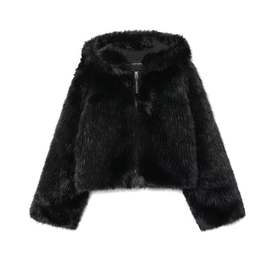 Veste Courte à Capuche en Fausse Fourrure – Noir Intense