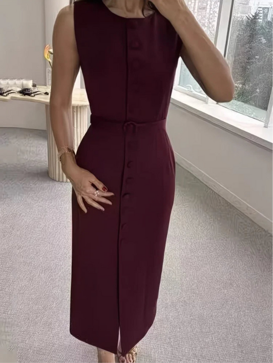 Robe Midi Élégante pas cher – Sans Manches avec Boutons & Ceinture