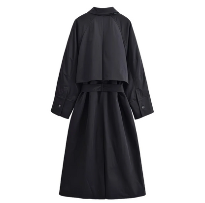 Trench long noir élégant avec ceinture – Style minimaliste et intemporel