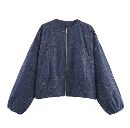 Veste matelassée bleu marine à motifs brodés – Style oversize chic