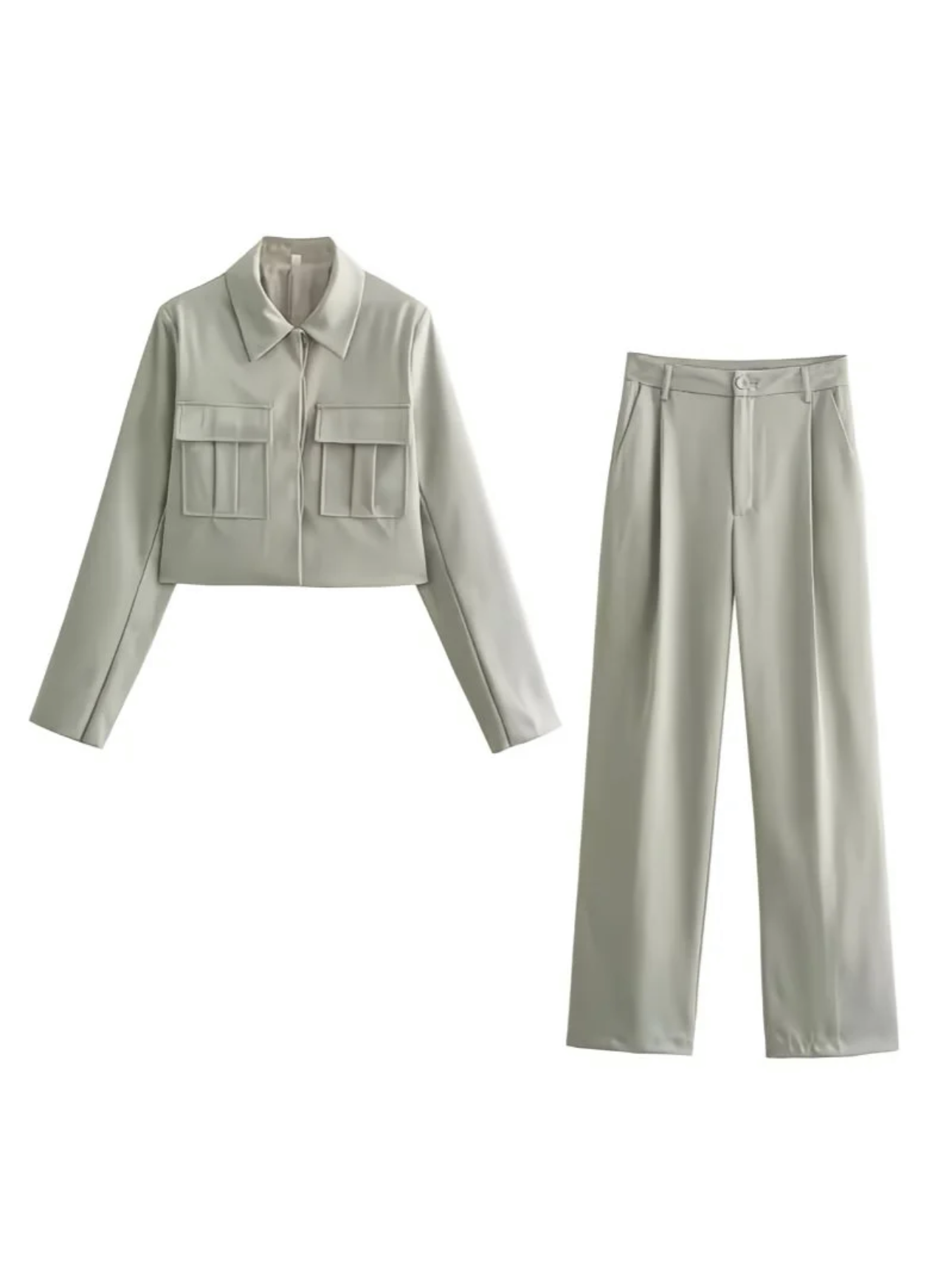 Ensemble Minimaliste Chic — Veste Courte à Poches et Pantalon Taille Haute