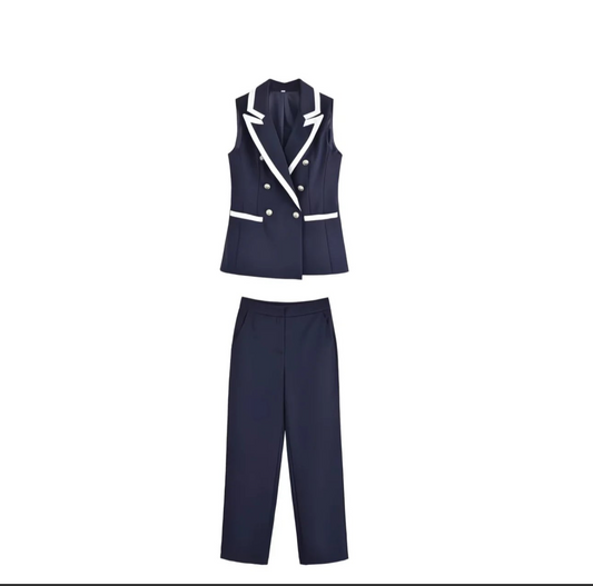 Ensemble Tailleur Femme pas cher – Gilet Blazer Sans Manches & Pantalon Évasé