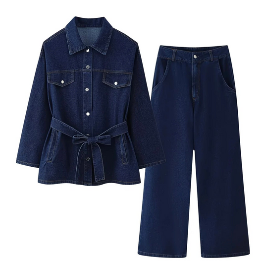 Ensemble Femme en Jean – Veste Ceinturée & Pantalon Taille Haute