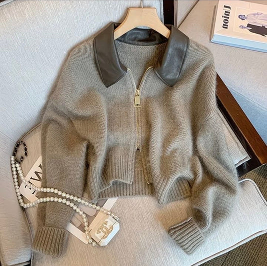 Cardigan zippé col en similicuir – Pull doux et chic pour l’automne-hiver
